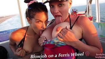 Must see risky public double blowjob on a ferris wheel with teen amp milf