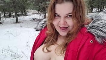 Cum in the mouth and on the tits of a redheaded slut in the woods