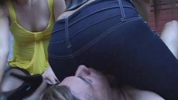 Cruel facesitting on poor naked guy by huge ass brutal chicks smothering blonde