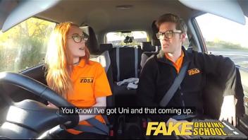 Fake driving school nerdy ginger teen fucked to creampie orgasm student and redhead